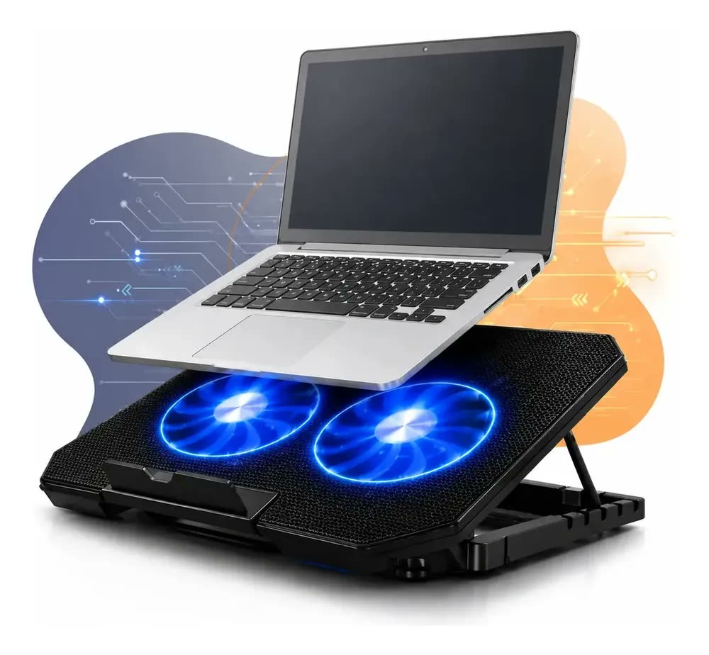 Suporte Notebook Base Led Refrigerada Ventilação Silenciosa Cor Preto Led Azul Ajustável 2 Cooler Ventoinha Até 17 Polegadas
