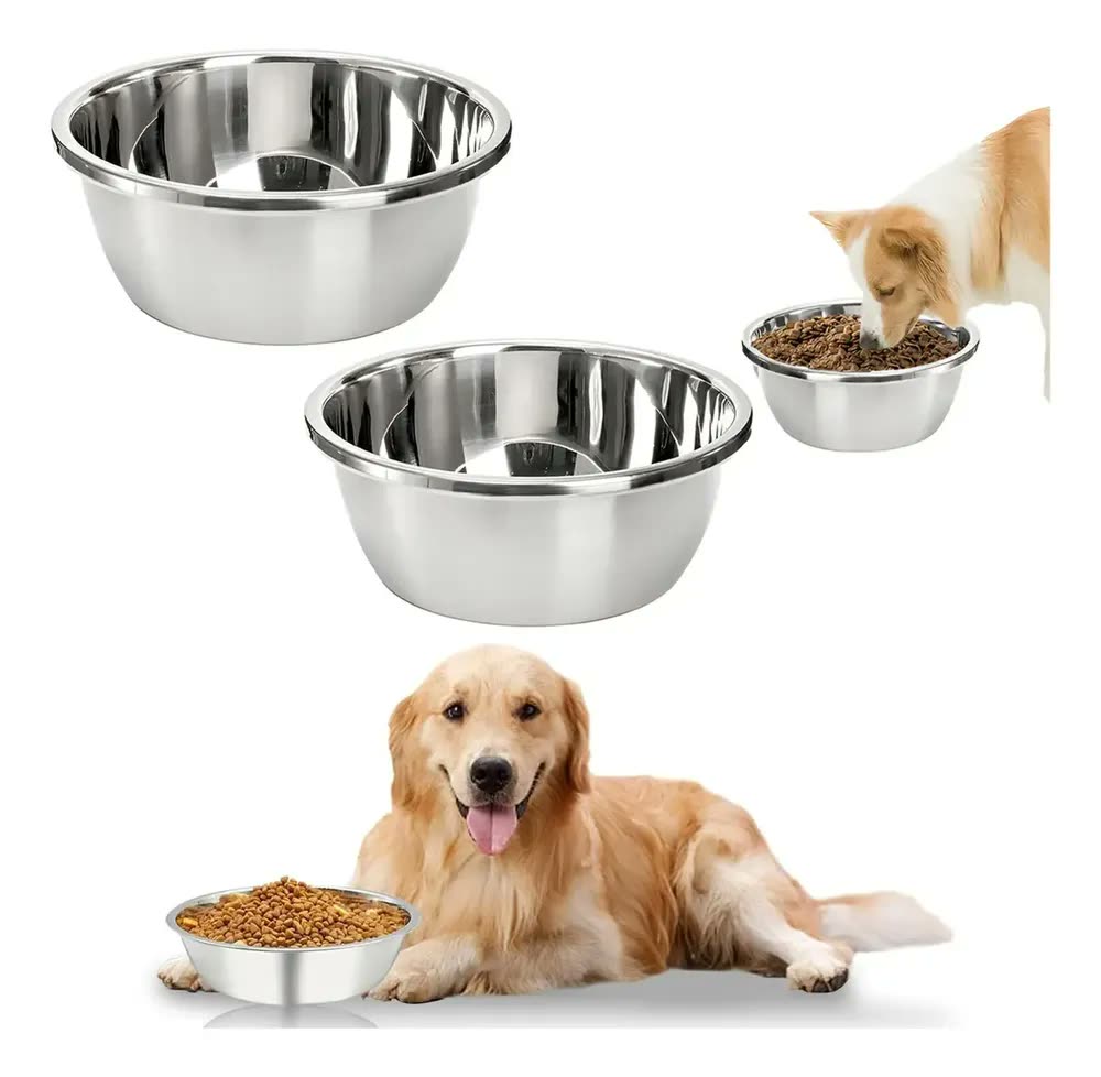 Kit 2 Comedouros Inox Pote Ração Inox, Gato Cachorro Grande Comedouro 5000ml Tigela Pote Ração Agua,para Cães Gatos Coelhos Pets, Abertura De 32 Cm Capacidade De 5 Litros Cor Prateado