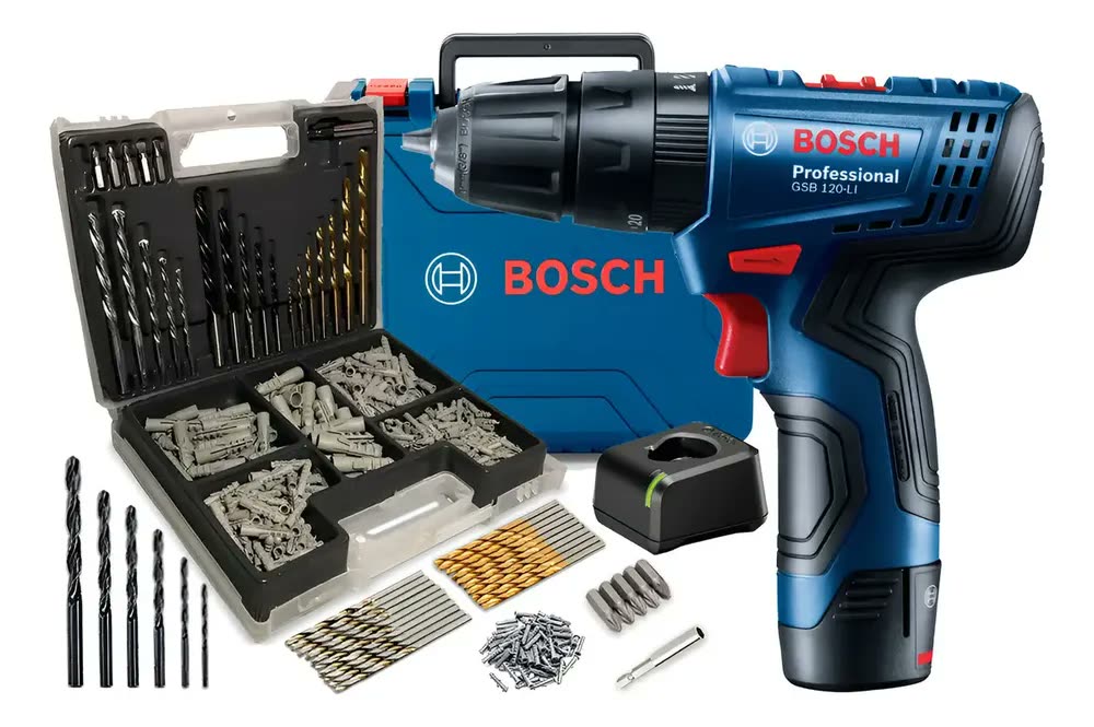 Parafusadeira Furadeira Bosch 12v Gsb120li + Kit 300 Peças - Azul - 60hz