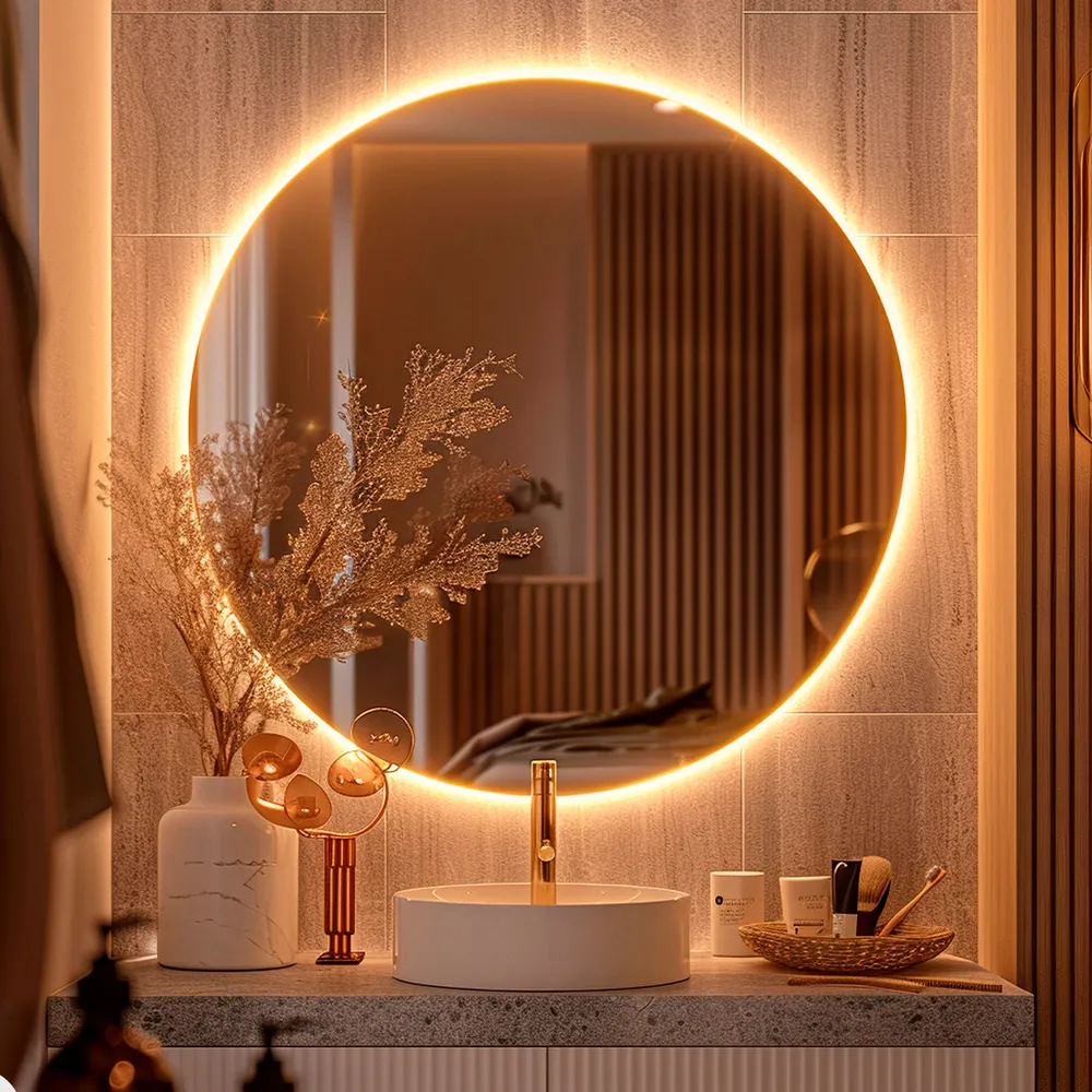 foto de Espelho Redondo Grande de 50cm com Led Frio - Espelho com Luz Ideal para Quarto, Banheiro e Sala, Espelho com Led e Moldura Lapidada para Decoração de Parede