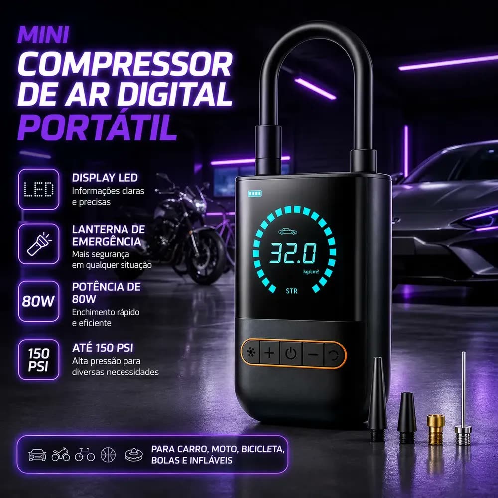 Compressor de Ar Portátil Blackone 150 psi Bateria 4000mah Para Veículos
