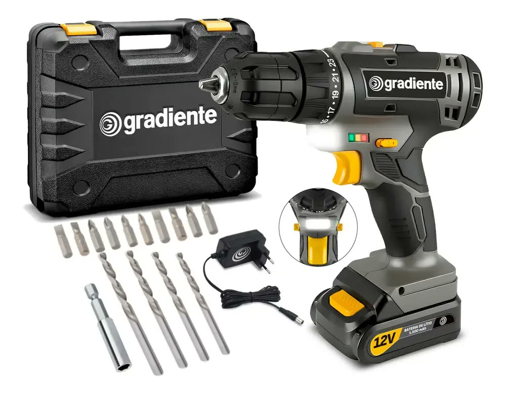 Furadeira Parafusadeira Sem Fio A Bateria Gpb12vd 12v 3/8 10mm Com Maleta E Acessórios Gradiente