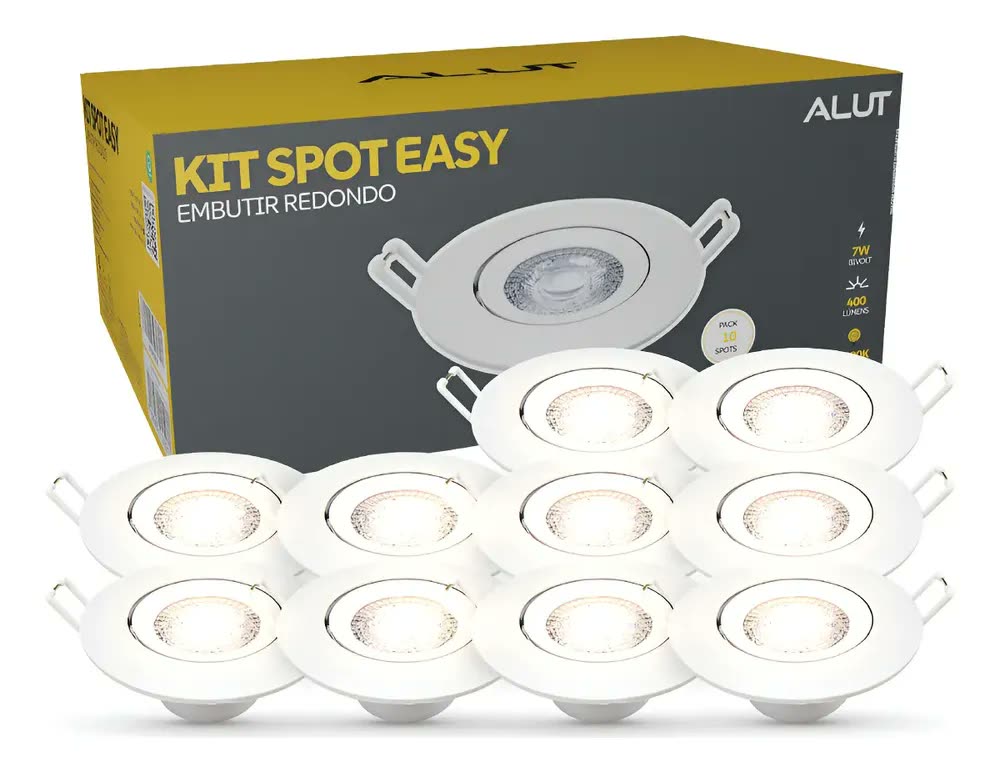 Kit 10 Spot Led Easy 7w 3000k Bivolt Embutir Redondo Alut 127/220V Branco Quente