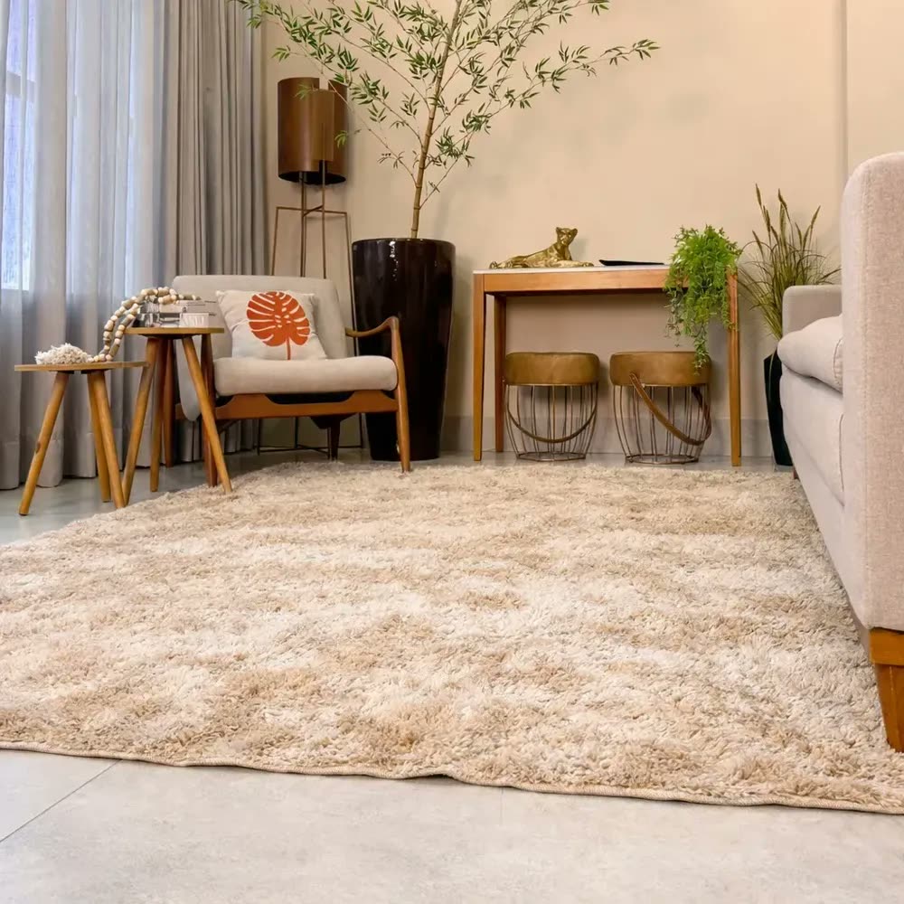 foto de Tapete Nórdico Soft Dream Shaggy Cor Bege-mesclado Liso - De 3m X 2m