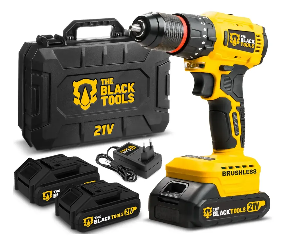 foto de Furadeira Parafusadeira De Impacto Sem Fio 21V Motor Brushless 3/8” 10mm Bivolt 02 Baterias The Black Tools