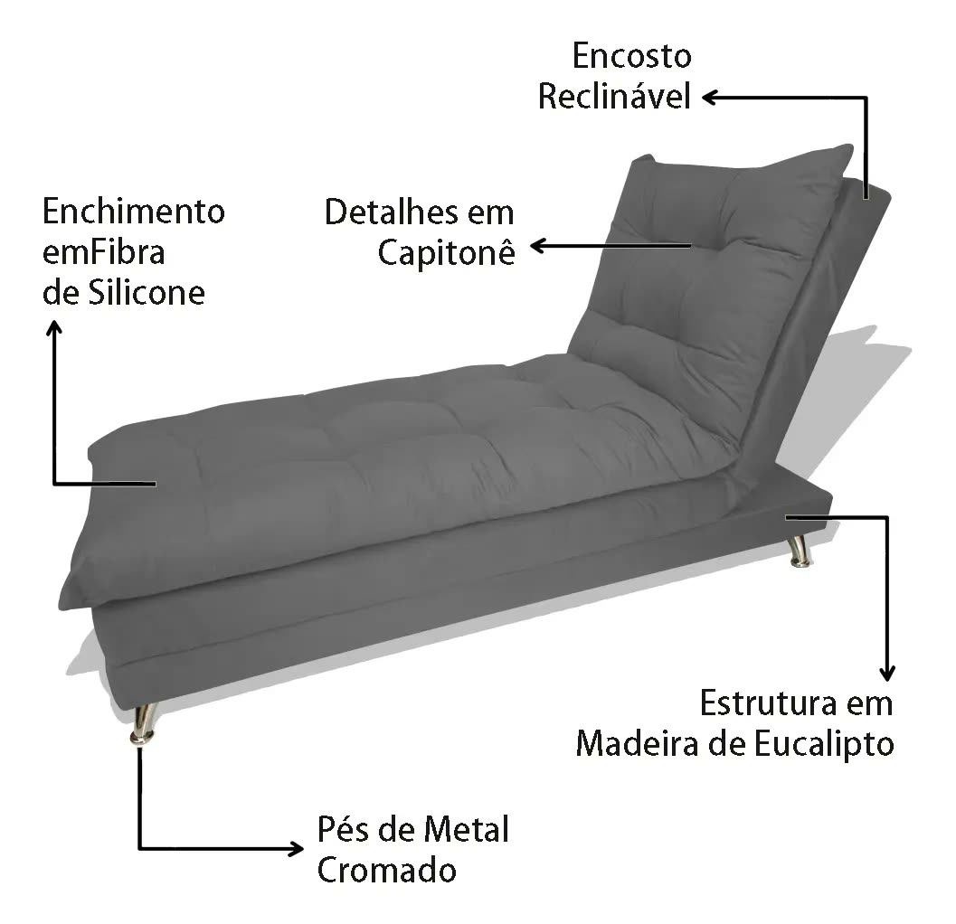 foto de Sofa Cama Chaise Bicama Reclinavel 3 Posições Suede Cinza