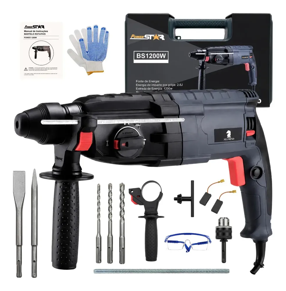 foto de Martelete Furadeira Allmind 1200W Kamaré SDS Plus Impacto 5Kg Perfurador Rompedor Furadeira de Impacto Maleta Demolidor Com Acessórios 3 em 1 Profissional