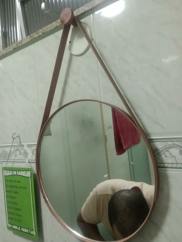 foto de Espelho Redondo Adnet Couro 40cm Suspenso Escandinavo Alça