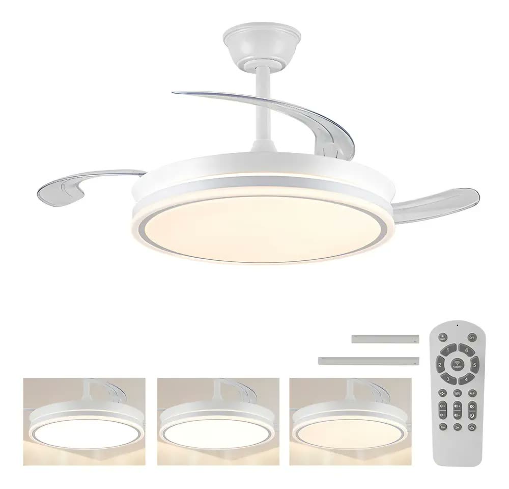 Ventilador de Teto LED Silencioso Nepul Turbo com 3 Pás Retráteis e Controle Remoto Branco 42