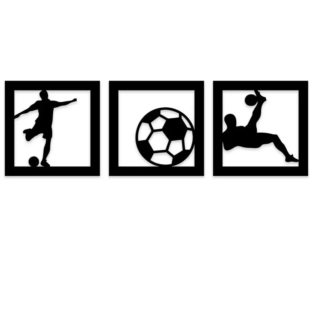 Kit 3 Quadros De Futebol Bola Jogador Em Mdf Preto Para Parede Sala Ou Quarto Quadro Decorativo Marca D Dose