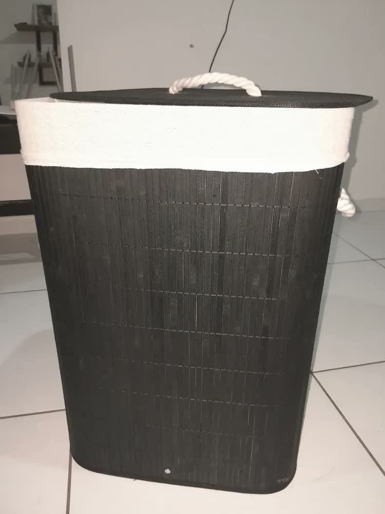 foto de Cesto Roupa Suja Bebe Retangular Bambu Banheiro Com Forro