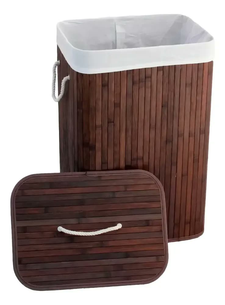 Cesto Roupa Suja Bebe Retangular Bambu Banheiro Com Forro
