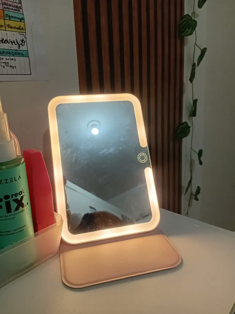 foto de Espelho Portátil Led Touch Usb Recarregável Branco Maquiagem Moldura Rosa