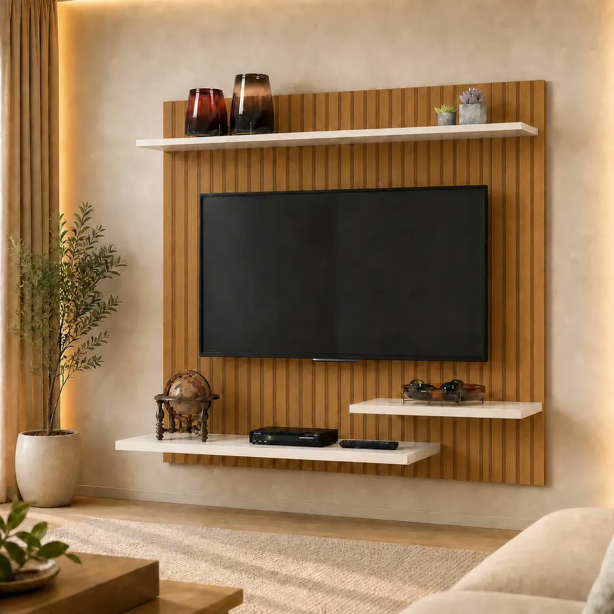 Painel Para Tv 32 Moderno Suspenso 90x90cm Com 3 Prateleiras