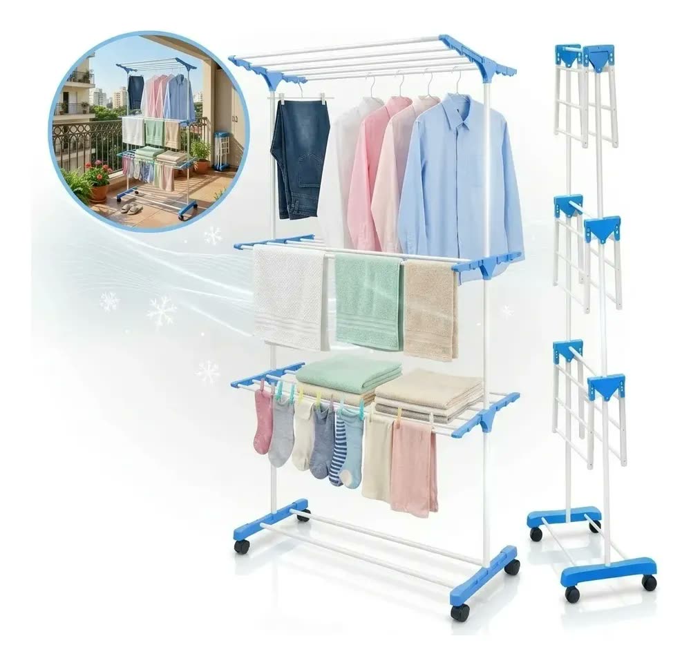 Varal de Chão Dobrável 3 Andares c/ Rodas e 2 Asas Extensíveis, p/ Roupas e Calçados, Aço Reforçado 40kg