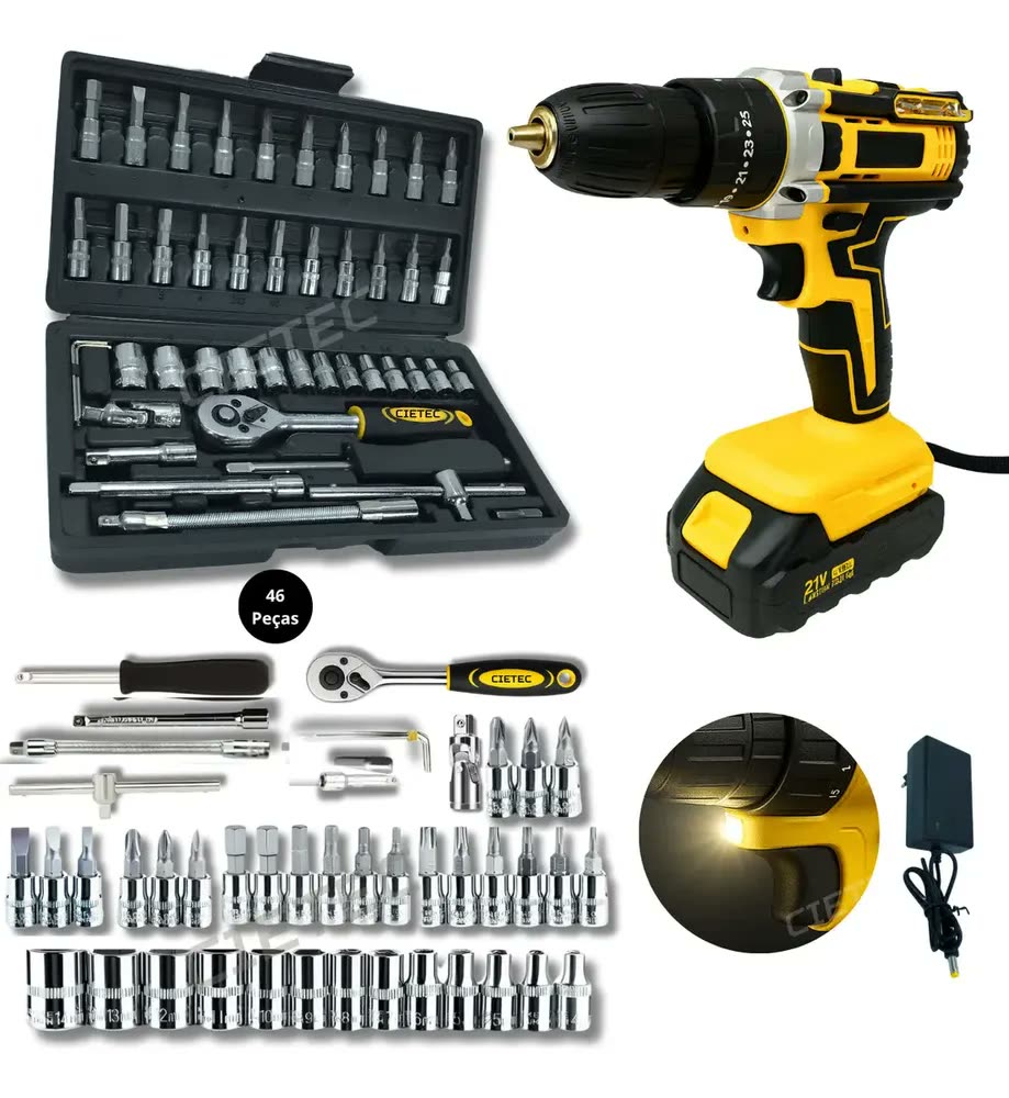 Parafusadeira Furadeira Sem Fio Cietec Kit Ferramentas 46 Peças 21W