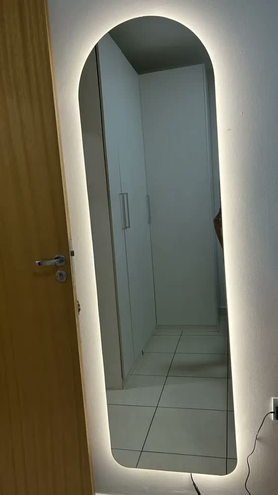 foto de Espelho Semi Oval 170cm Base Reta Led Bivolt Polido Led Quente 3000k Moderno Quarto Sala Closet Sem Moldura Vmex