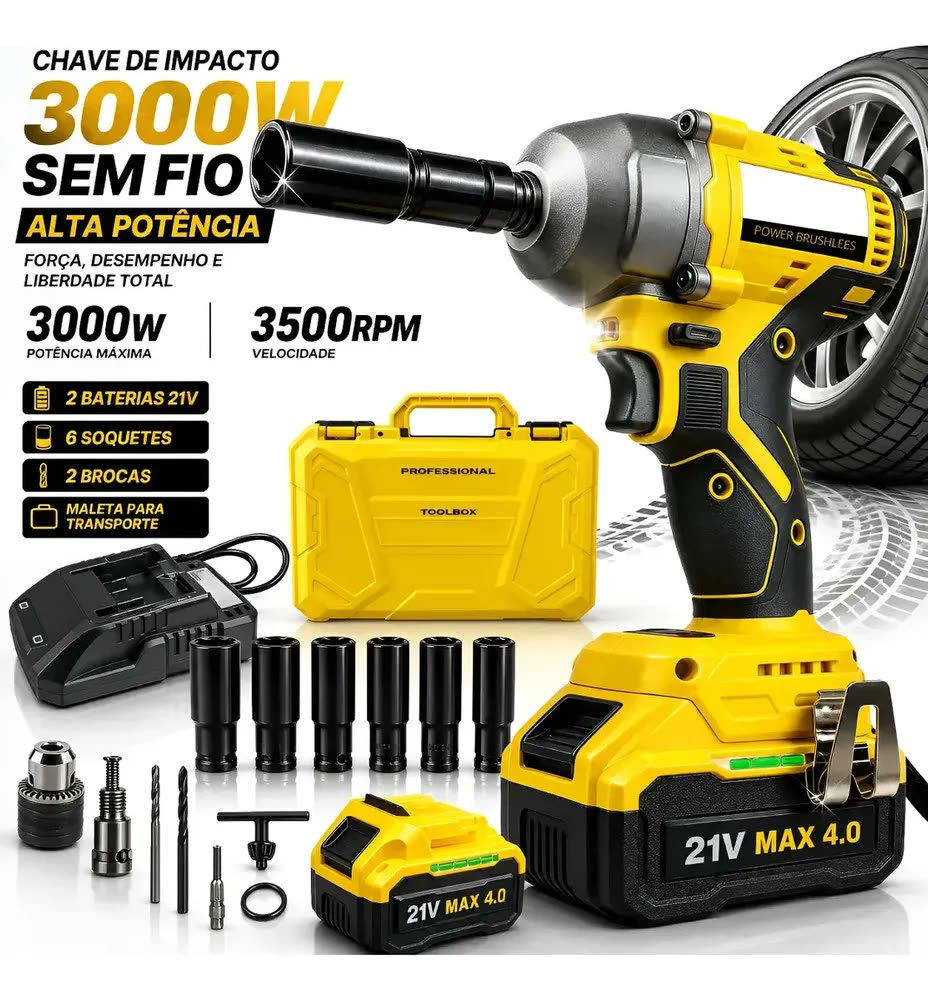 Parafusadeira Furadeira Chave De Impacto 21v Brushless 350nm 2 Baterias 4.0ah Led Controle De Velocidade Maleta Premium Kit Completo Potente Profissional Carro Caminhão Moto Industrial Mecanica 3000W