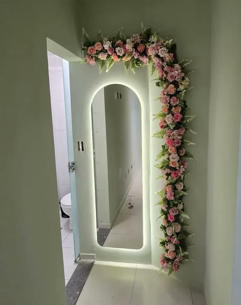foto de Espelho Semi Oval 170cm Base Reta Led Bivolt Polido Led Neutro 4000k Moderno Quarto Sala Closet Sem Moldura Vmex