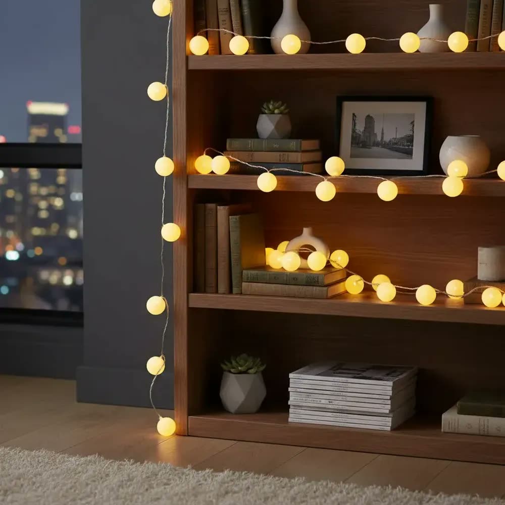 Cordão Varal Luminária LED Amarela 10 Bolas 2,1m Decoração Festa