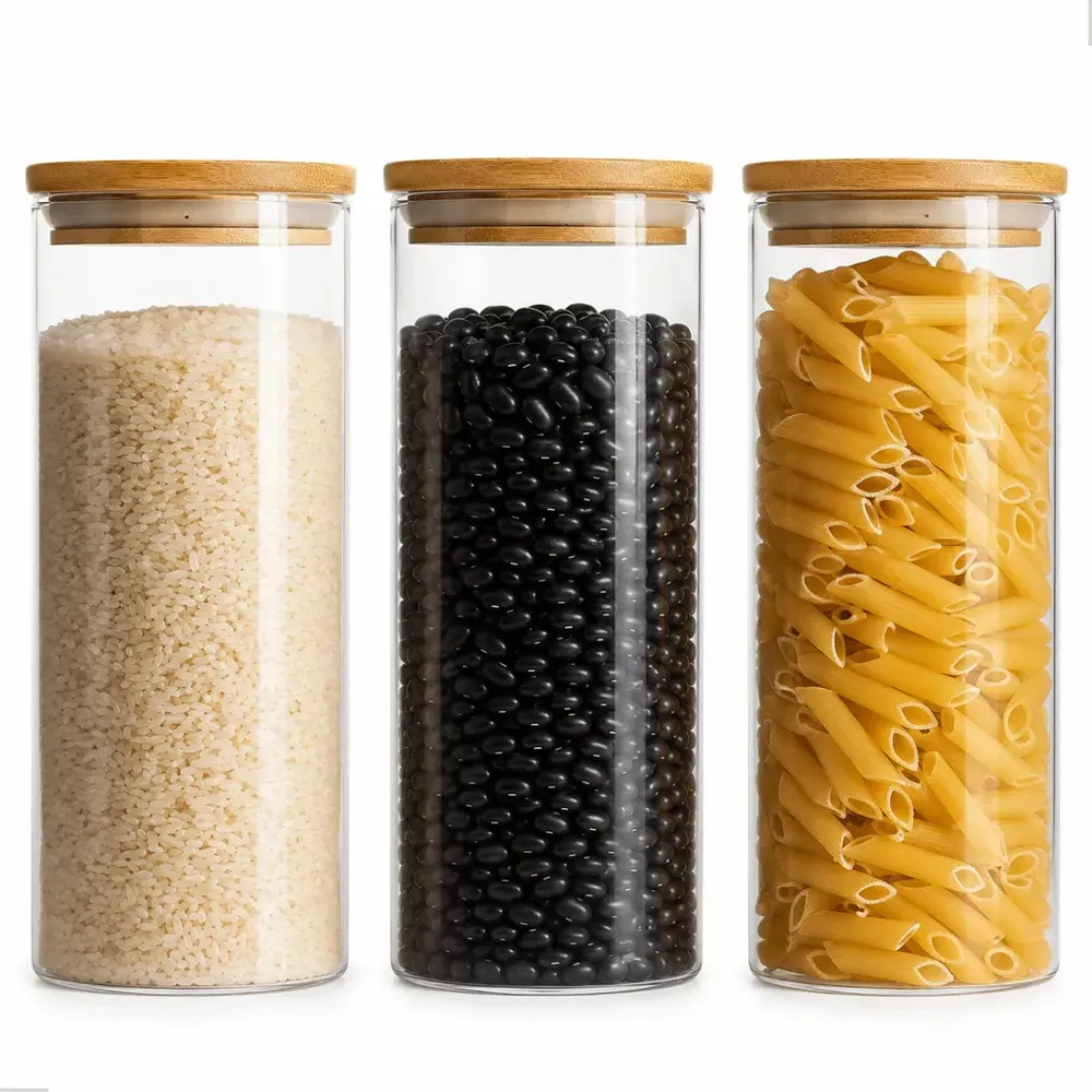 foto de Kit 3 Pote Hermético Vidro 1000ml Tampa De Bambu Mantimentos Alimentos Muug