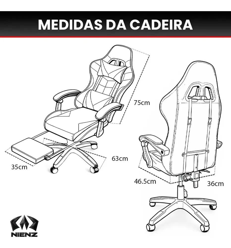 Cadeira De Escritório Gamer Ergonômica Reclinável com Apoio Para Pés Estofado Couro Sintético Altura Ajustável Cor Vermelho Oblivion Nienz