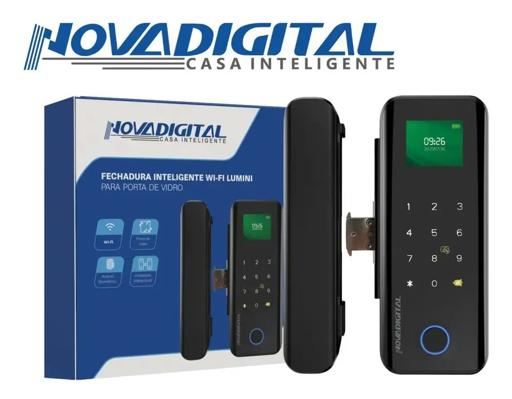 foto de Fechadura Eletrônica Inteligente Wifi Novadigital Para Porta De Vidro Biometria App Senha Cartão Compatível Tuya Smart Life Preta