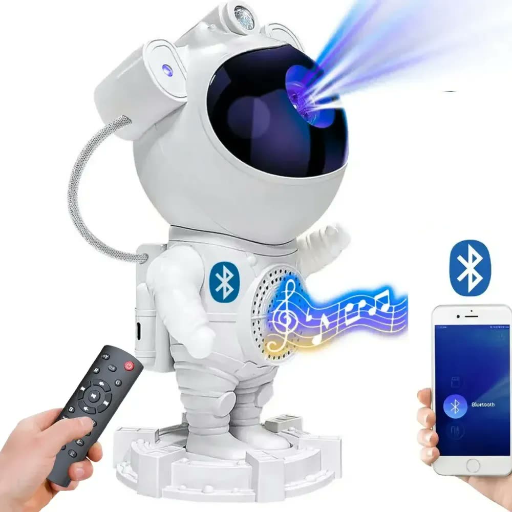 foto de Luminária Astronauta Projetor Noturno De Luz Galaxia E Estrelas Com Som Bluetooth Controle Remoto Multicontrol