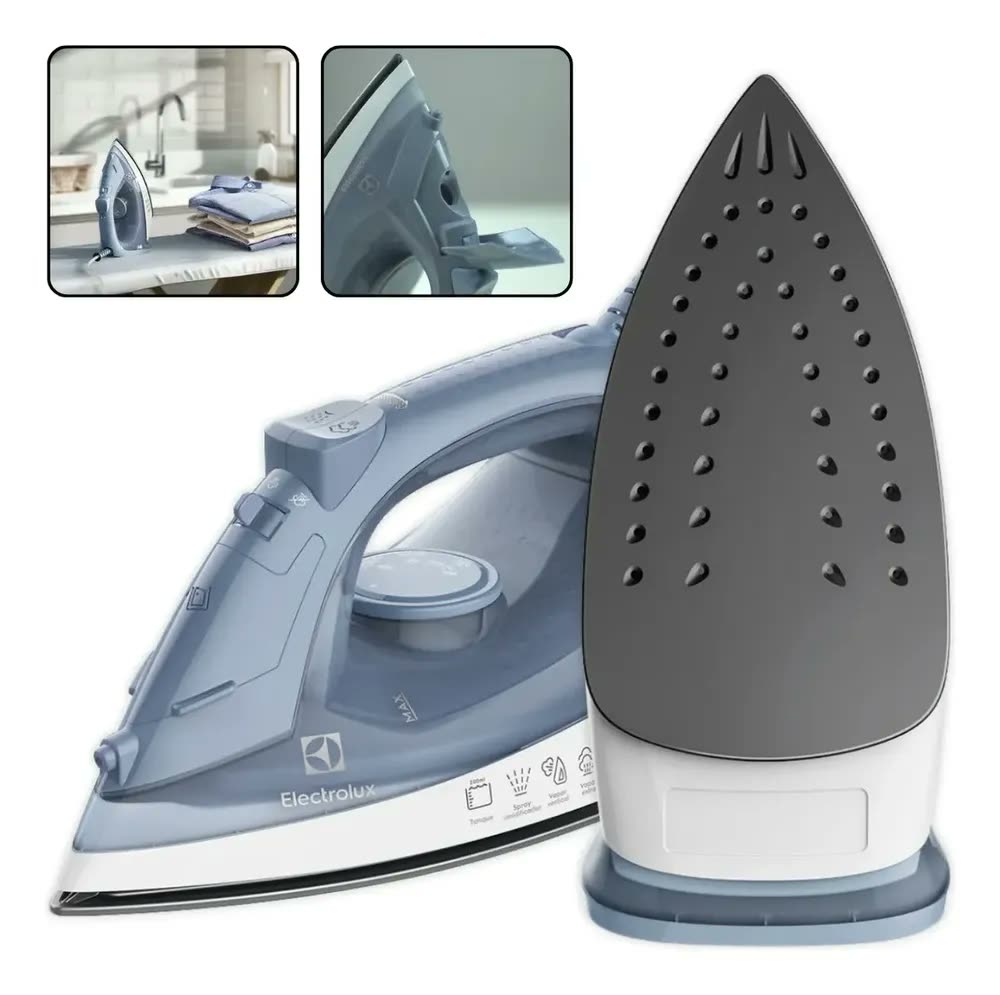 Ferro De Passar Roupas A Vapor E Seco Electrolux Esi10 1200w Efficient Base Antiaderente Com Auto Limpeza Spray Vapor Vertical Cabo Giratório Azul-claro 127v