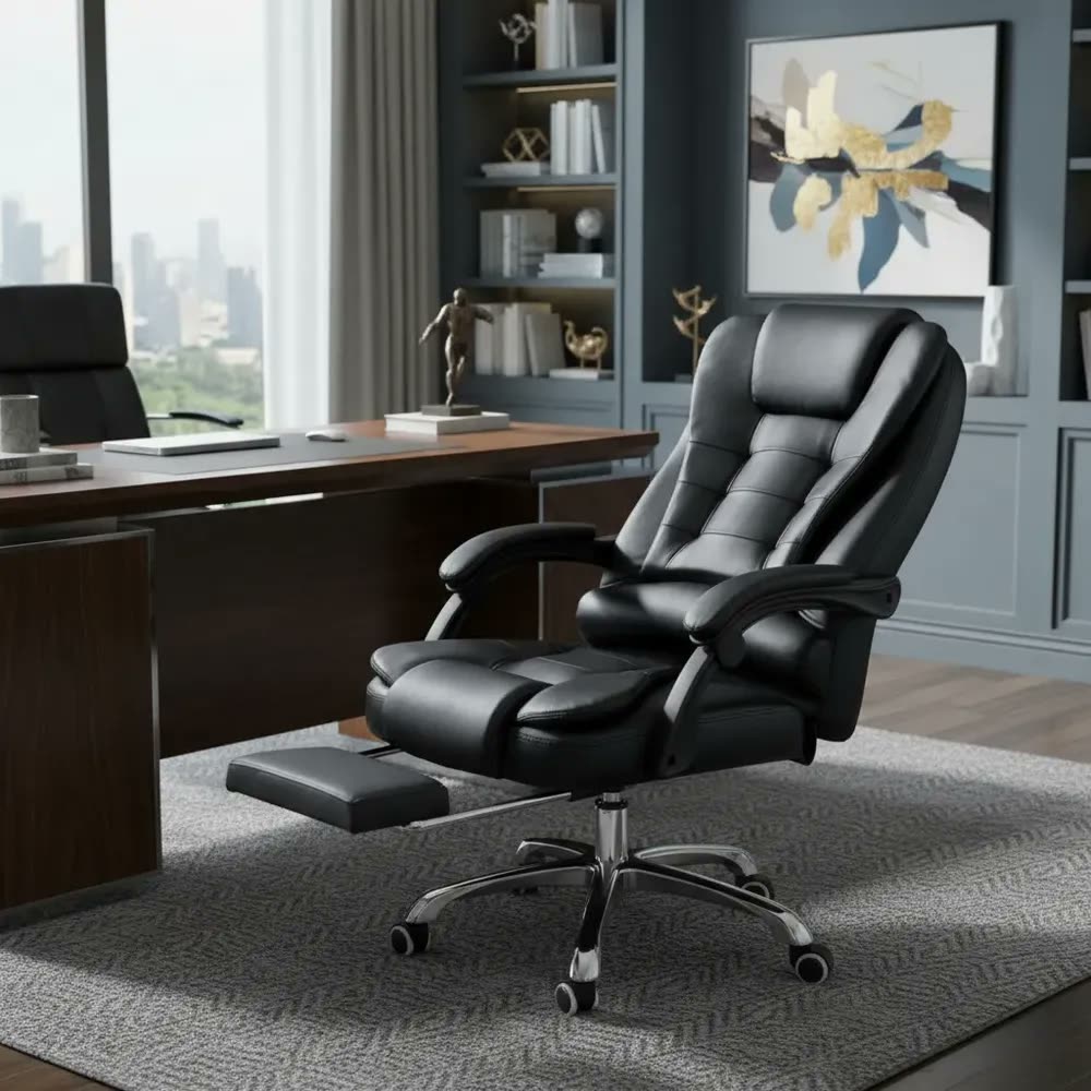 Cadeira De Escritório Presidente Ergonômica Python Fly Couro Sintético Encosto Ajustável Com Trava E Apoio Para Pés Cor Preta