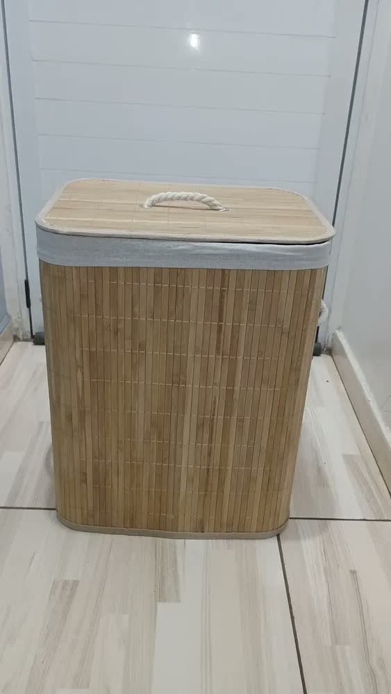 foto de Cesto De Roupa Bambu Natural Dobrável Retangular Com Tampa E Forro 50L Espaçoso Ideal Para Organizar Roupas, Toalhas E Peças Do Dia A Dia