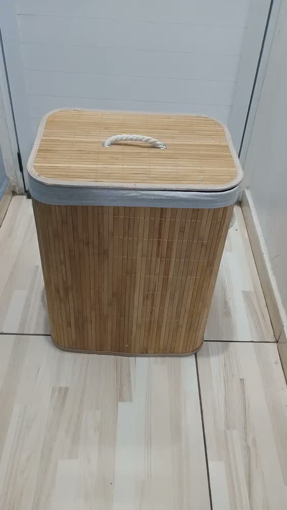 foto de Cesto De Roupa Bambu Natural Dobrável Retangular Com Tampa E Forro 50L Espaçoso Ideal Para Organizar Roupas, Toalhas E Peças Do Dia A Dia