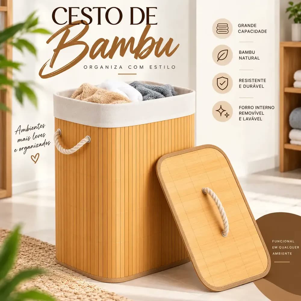 Cesto De Roupa Bambu Natural Dobrável Retangular Com Tampa E Forro 50L Espaçoso Ideal Para Organizar Roupas, Toalhas E Peças Do Dia A Dia