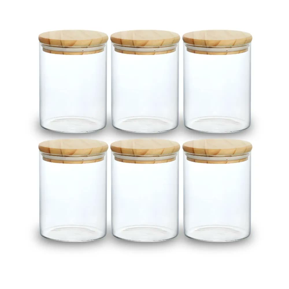 Kit 06 Potes De Mantimentos Herméticos 300ml Pote Redondo De Vidro Tampa De Bambu