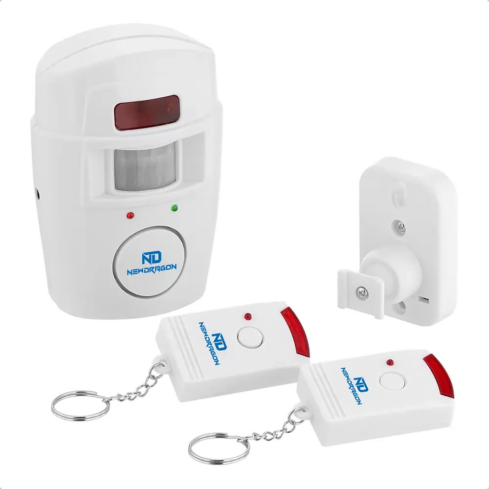 Sensor de Presença Infravermelho Sem Fio Newdragon com Sirene e 2 Controles Remoto