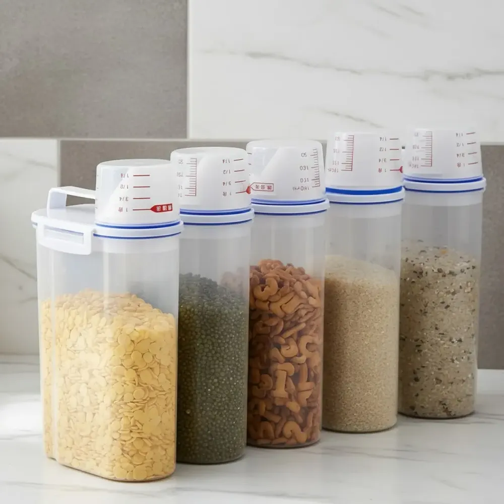foto de Conjunto 5 Potes Herméticos 2l Multiuso Dispenser De Armazenamento De Grãos Cereais Ração Sabão Com Copo Medidor E Bico Dosador Com Travas