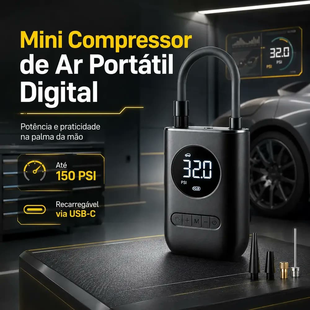 Compressor De Ar Digital Portátil Bomba Para Encher Pneus Carro Moto Bike Bola Cor Preto