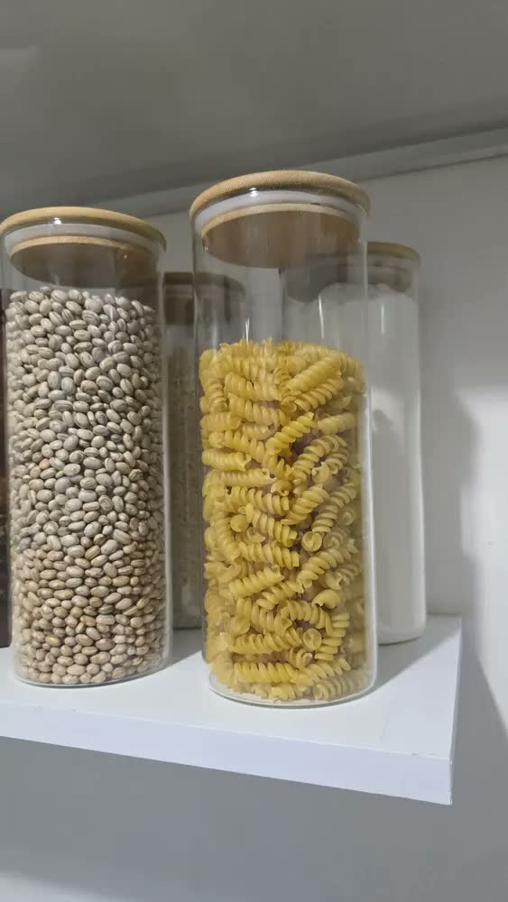 foto de Kit 2 Pote Hermético Vidro Tampa Bambu 1800ml Mantimentos Macarrao Cereais Muug