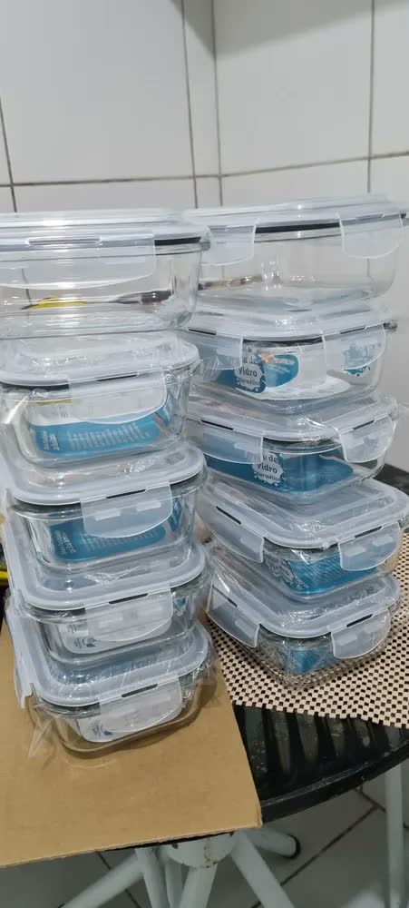 foto de Kit 10 Potes Vidro Hermético Aristus 640ml Marmita Anti Vazamento Forno Micro-ondas Freezer Tampa 4 Travas - Azul