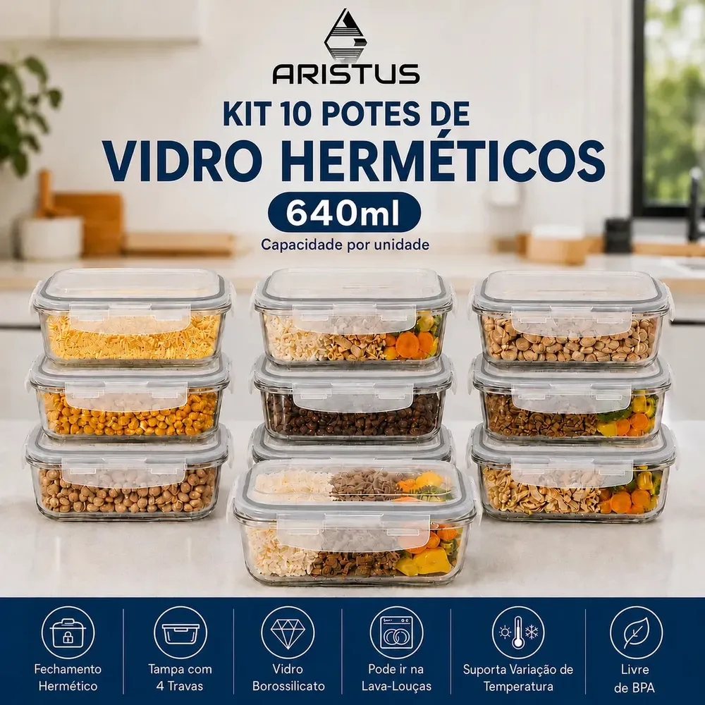 foto de Kit 10 Potes Vidro Hermético Aristus 640ml Marmita Anti Vazamento Forno Micro-ondas Freezer Tampa 4 Travas - Cinza