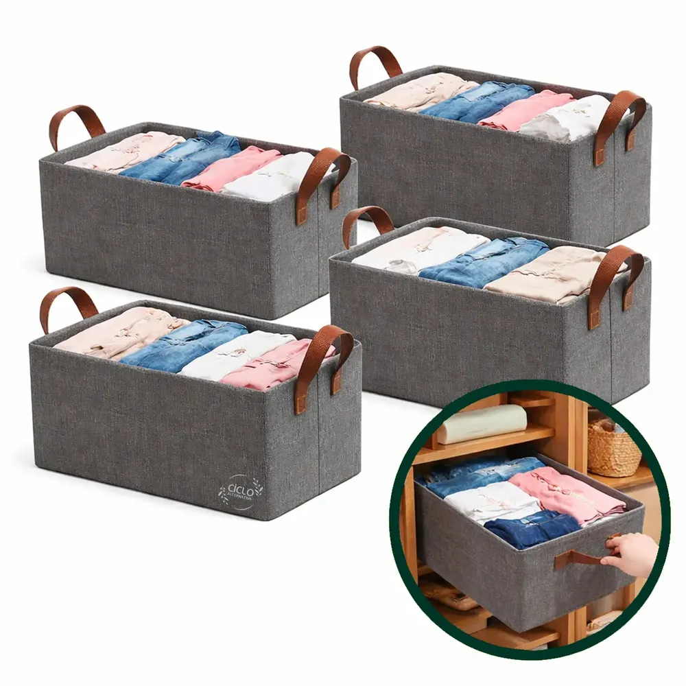 Kit 4 Caixas Cesto Organizadora Grande Dobrável Guarda Roupa Gaveta Mesas Banheiro Cor Cinza