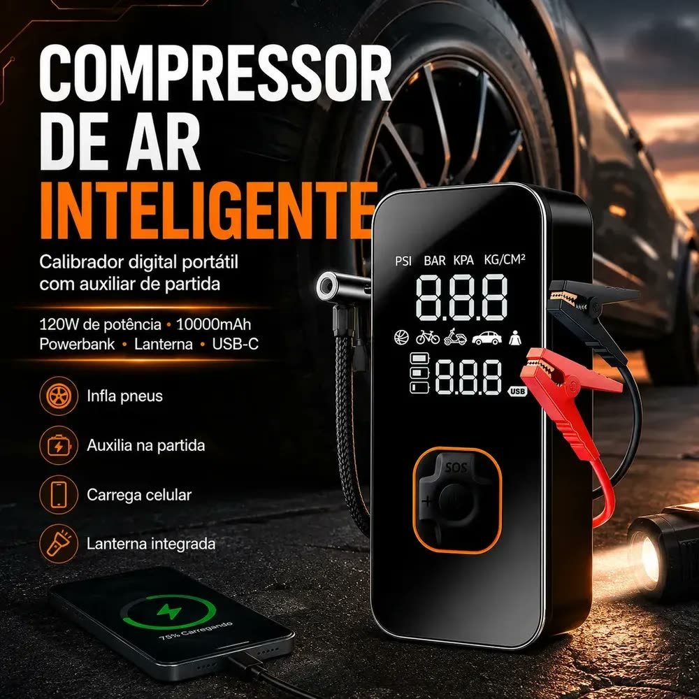 Compressor De Ar Leves Air Pump Auxiliar De Partida Veículos E Powerbank Compacto 18000 Rpm Para Pneus De Portátil