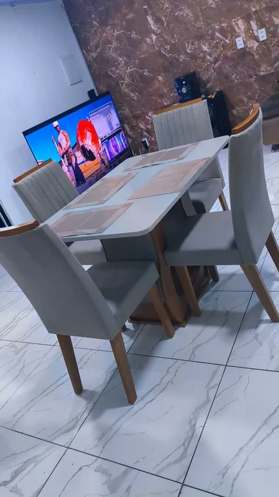 foto de Mesa De Jantar 120x80cm Tampo Com Vidro 4 Cadeiras Fh Mel/cinza