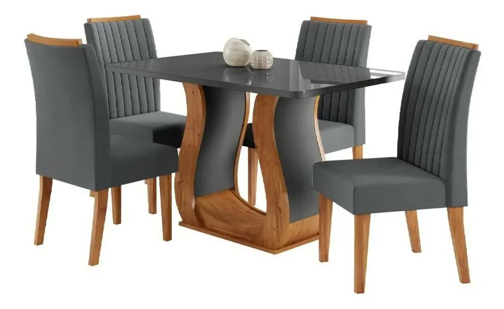Mesa De Jantar 120x80cm Tampo Com Vidro 4 Cadeiras Fh Mel/cinza