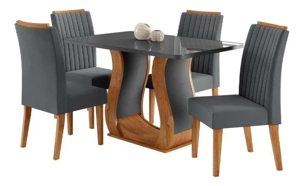 Mesa De Jantar 120x80cm Tampo Com Vidro 4 Cadeiras Fh Mel/cinza
