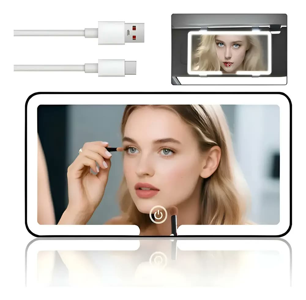 foto de Espelho de Maquiagem LED Retangular para Carro, com 3 Luzes e Base Preta USB-C