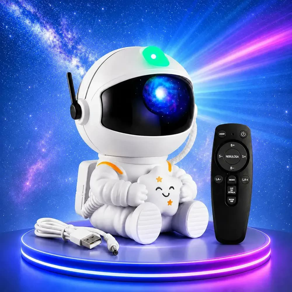Luminária Astronauta Projetor Led Infantil Galáxia Estrela Branco Robo Robozinho Luz Colorida Céu Teto Abajur De Mesa Cupula Decorativa Para Quarto Rgb Noturna Bivolt Portatil Lua Art Light