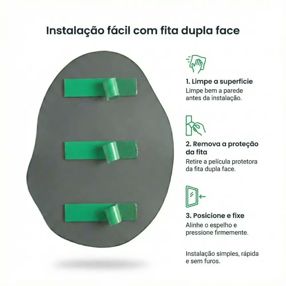 Espelho Orgânico Decorativo 70x50cm Lopazzi Design Moderno Luxo Lapidado Com Fita Dupla Face Fixação Forte Sem Furos Para Banheiro Sala Quarto Vidro Cristal Premium Sem Distorção Qualidade Superior