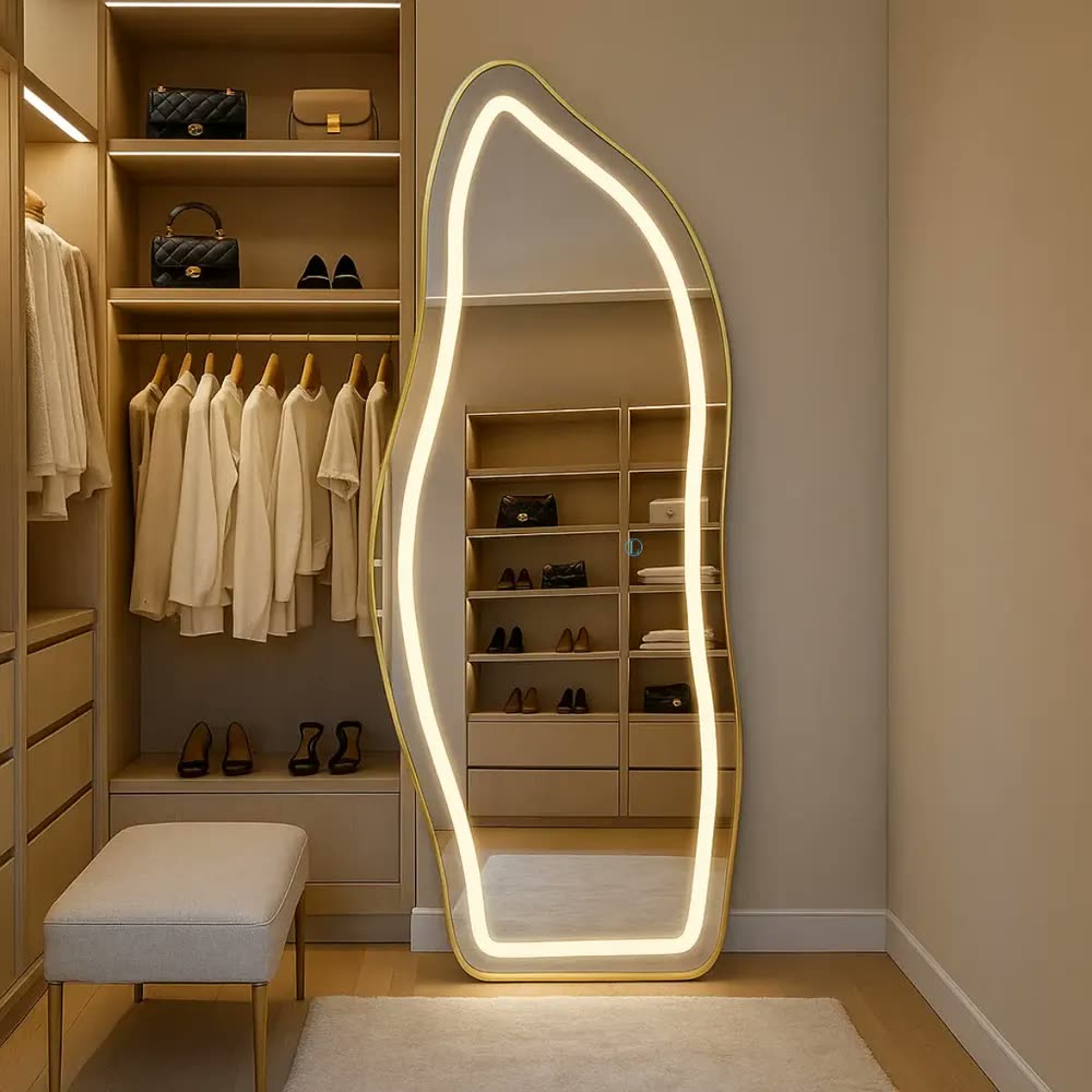 foto de Espelho De Corpo Inteiro 170x70 Moldura Alumínio Com Led 3 Cores Touch Screen Dimerizável Bivolt Luxo Grande Para Quarto Closet Banheiro Salão De Beleza Com Suporte De Chão E Pendurador De Parede Prem