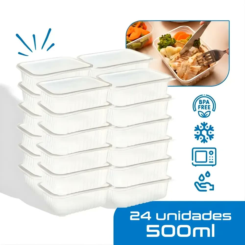 24 Marmitas 500ml Comida Fitness Pote Descartável Retangular Plástico Freezer Microondas Com Tampas - Montza